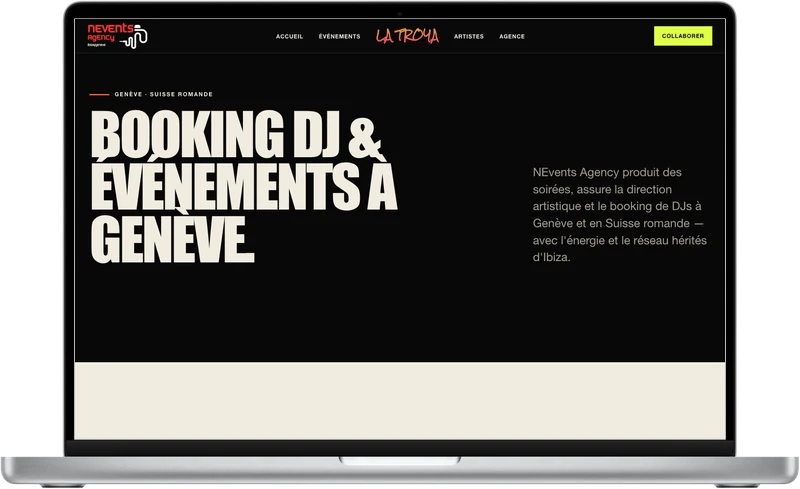 Page de réservation du site NEvents Agency, sur MacBook